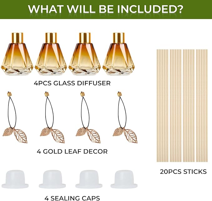 4pcs Reed Diffuser Empty Bottles With 20pcs Sticks, Delicate Gold Leaf Decor, Glass Fragrance Set With Lids for Home, Bathroom | Refillable, Diamond Style Gold