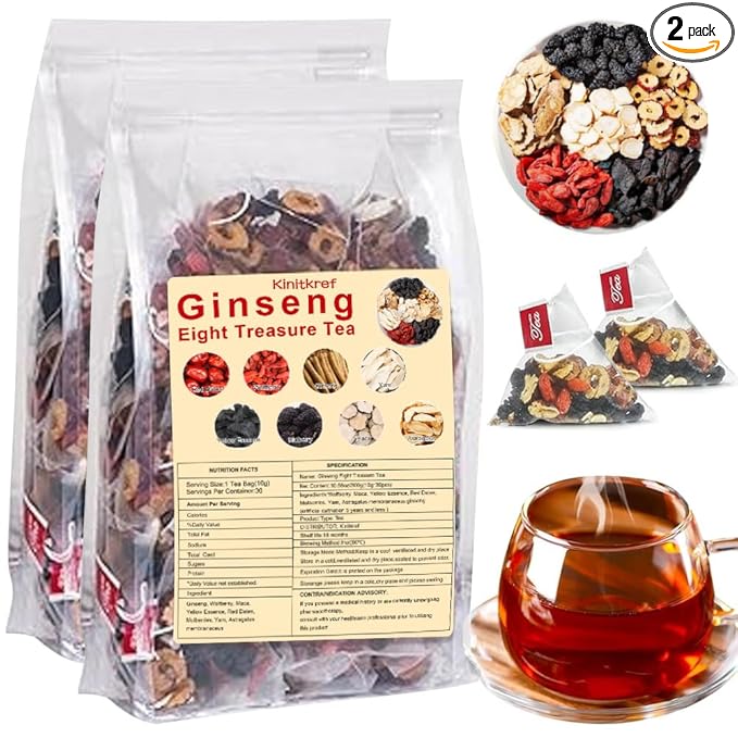 2025 New Ginseng Eight Treasure Herbal Tea,Red Date Wolfberry Mulberry Goji Health Tea Bags for Women & Men,30 Bags(2PC)