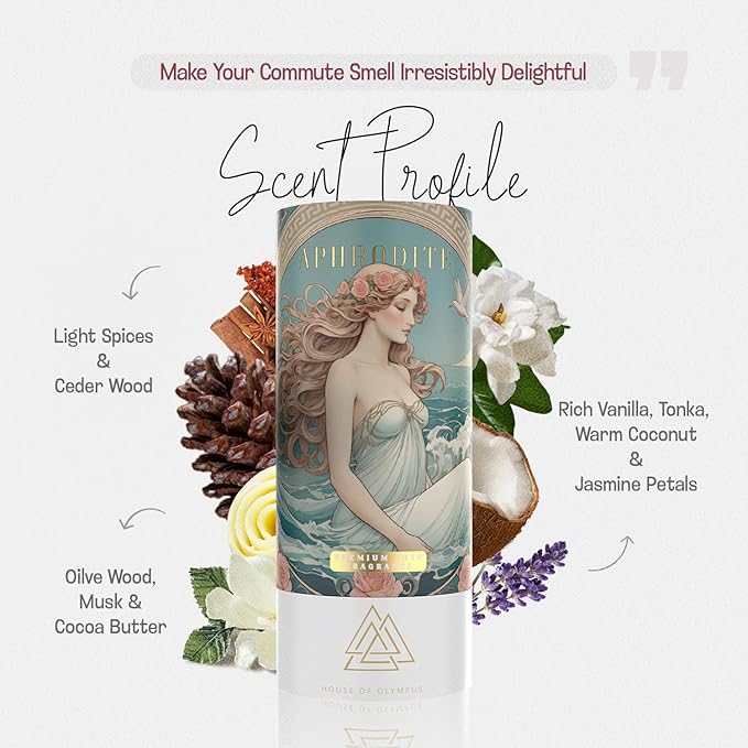 Aphrodite Hanging Car Air Freshener for Women, 100% Natural Essential Oils - 60 Days Lasting Car Scent by House of Olympus - Made in USA