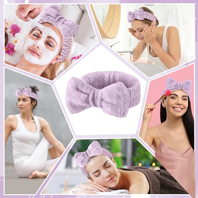 25 Pcs Spa Headband Bulk Makeup Headbands for Washing Face Cute Bow Hairbands Soft Coral Fleece Hairbands for Women Face Skin Care Makeup Spa Gift Shower Yoga (Classic Pattern,Purple)