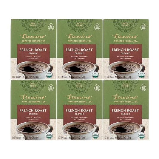 Teeccino French Roast Herbal Tea - Rich & Roasted Herbal Tea That’s Caffeine Free & Prebiotic for Natural Energy, Coffee Alternative, 10 Tea Bags (Pack of 6)