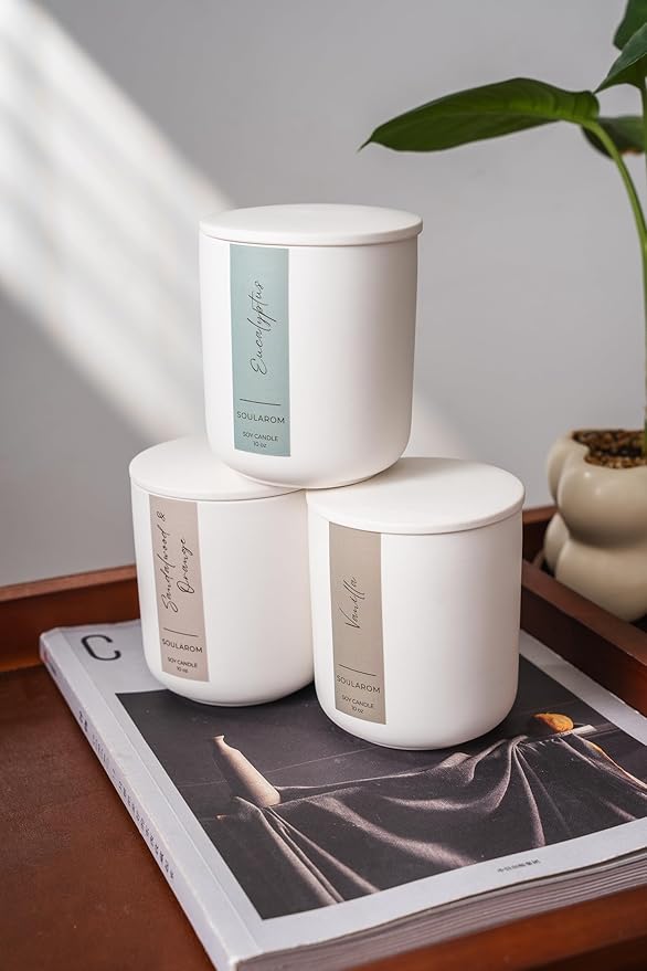 Candles for Home Scented – 10oz Hand Poured Aromatherapy Sandalwood and Orange Candle Soy Wax Candles in Elegant Ceramic Jar – Crackling Wooden Wick Decorative Candle with 60 Hours Burn Time