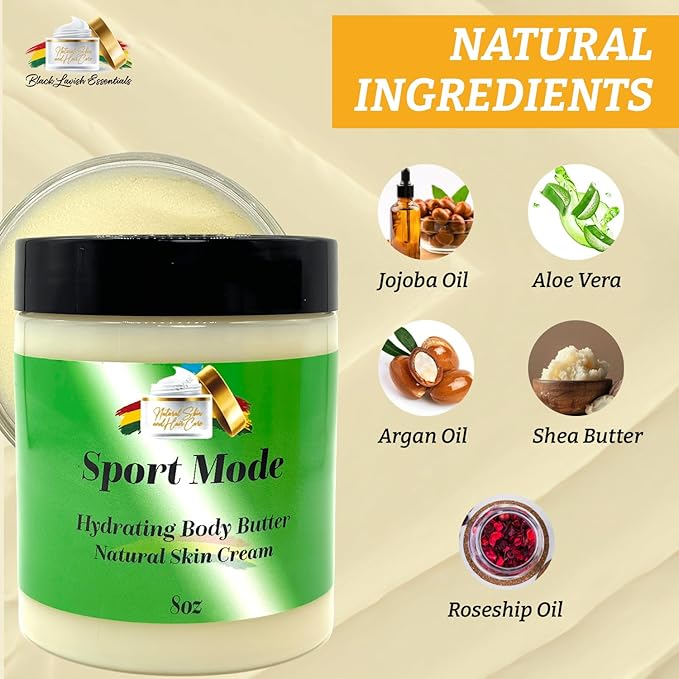 Ultra-Soft Shea Body Butter, Dry Skin Cream for Radiant Moisturized Skin, Natural Hydrating Body Lotion with Aloe Vera, Argan Oil, Rosehip Oil, (Sport Mode, 8oz)