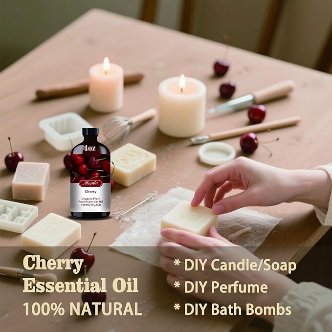 Cherry Essential Oil, Roll-on Cherry Oil Sets (4 Fl Oz + 0.33 Fl Oz) - 100% Natural, Diffuser, Massage, Yoga, DIY Soap and Candle Making - Home Fragrance, Fragrance Oils, Gifts, Spa Care
