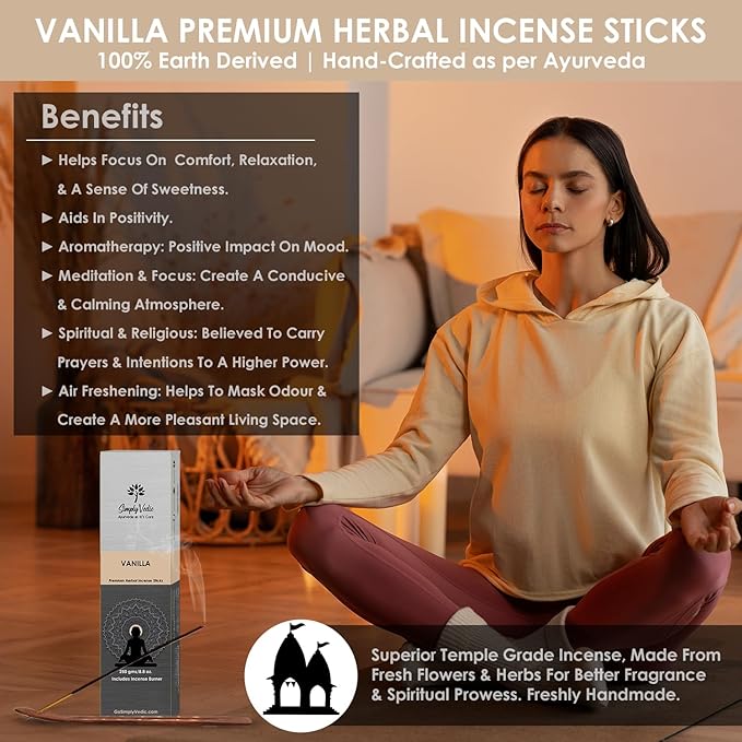 Simply Vedic Vanilla Incense Sticks β 250g Pack (Approx. 135 Handmade Agarbatti + Free Holder) | Charcoal-Free | Natural Essential Oils for Meditation, Sleep, Mood, Yoga & Aromatherapy Use