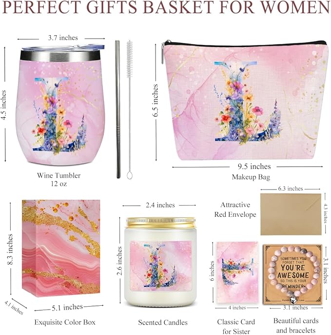 Personalized Gifts Monogrammed Birthday Gifts for Women, Mama New Mom Thanksgiving Wedding Christmas Initial Wine Tumbler Makeup Bag Scented Candle Bracelet 6 Set, (Aesthetic Pink Flower L)