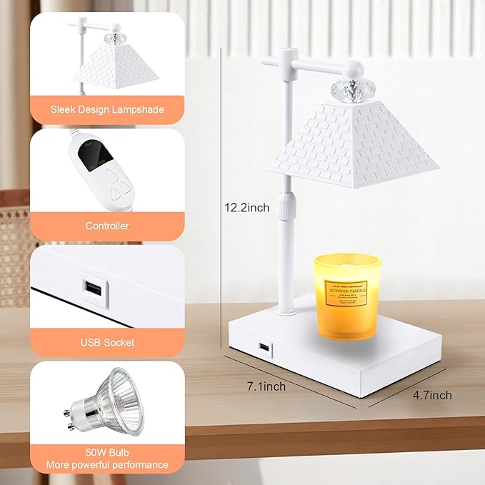Candle Warmer lamp with Timer Dimmable,USB ChargingPortcandle Candle Lamps,Cute Candle Warmer Suitable for Home Decoration,Bedroom and Living Room decoratio(White)
