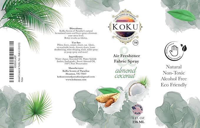 Almond Coconut Air Freshener - Room Spray - Odor Eliminator - Deodorizer - Car Air Freshener - Home Spray - Linen Spray - Fabric Refresher - Non-Toxic - Alcohol Free – Made in USA (8 Oz)