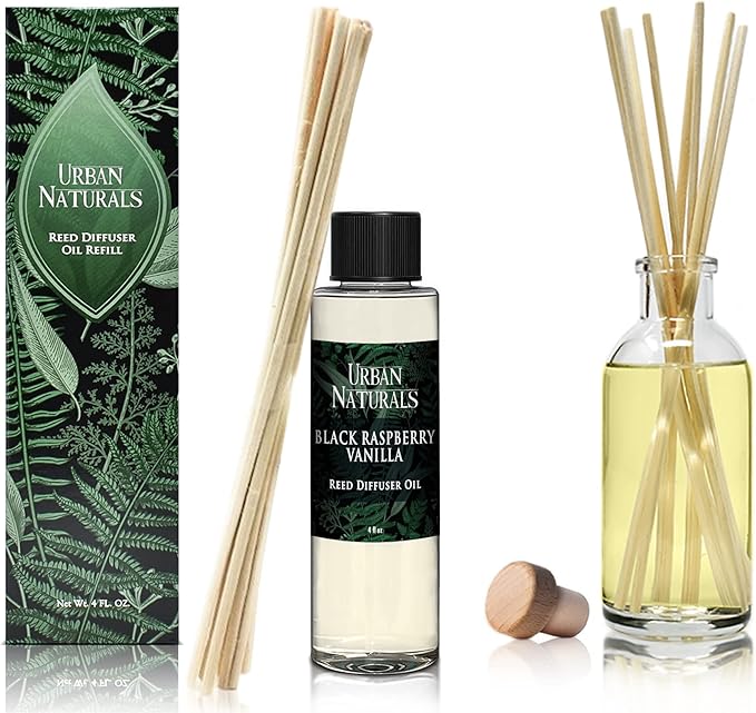 Urban Naturals Reed Diffuser Oil Refill, Black Raspberry Vanilla Oil for Diffuser with Orchid, Amber, Sandalwood, 4 oz + Free Reed Sticks, Made in The USA