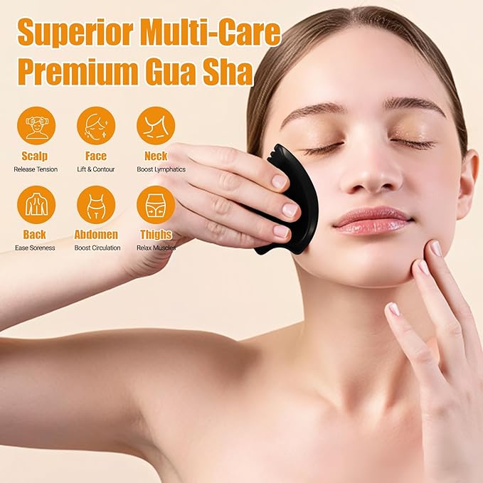 Gua Sha Facial Massage Tool - Black Jade Bian Stone Face & Body Massager for Wellness, Relaxation, Neck/Shoulder/Back/Leg Massage, Natural Stone Skin Care Tool