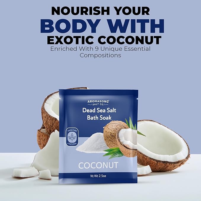 Aromasong Pure Dead Sea Salt 100% Natural Coconut Essential Oil – 2.5 oz. Spa Bath Salt Fine Grain- Christmas Stocking Stuffers for Adults, Kids, Women, and Mens soak Stocking Stuffers for Adults