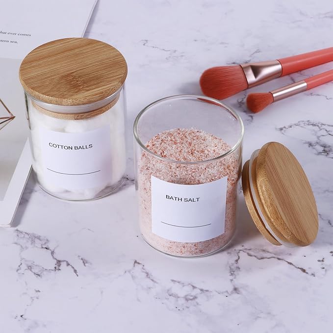 2 Pack Glass Jars with Bamboo Lids - Airtight Bathroom Storage Containers for Organization, Decor & Kitchen Pantry - 7.6oz Small Jars, Eco-Friendly Bath & Kitchen Accessories
