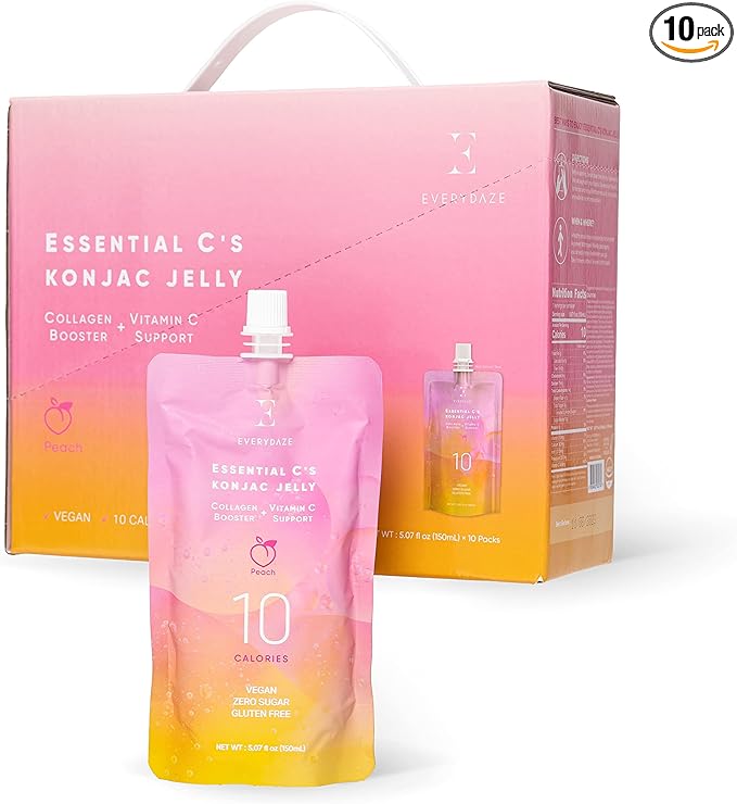 EVERYDAZE Essential C’s Konjac Jelly | Peach | Vegan Collagen Peptides, Gluten Free, Sugar Free, Low Calorie | Healthy Drinkable Fruit Snack | 10 Pack Box Food Drink Pouch