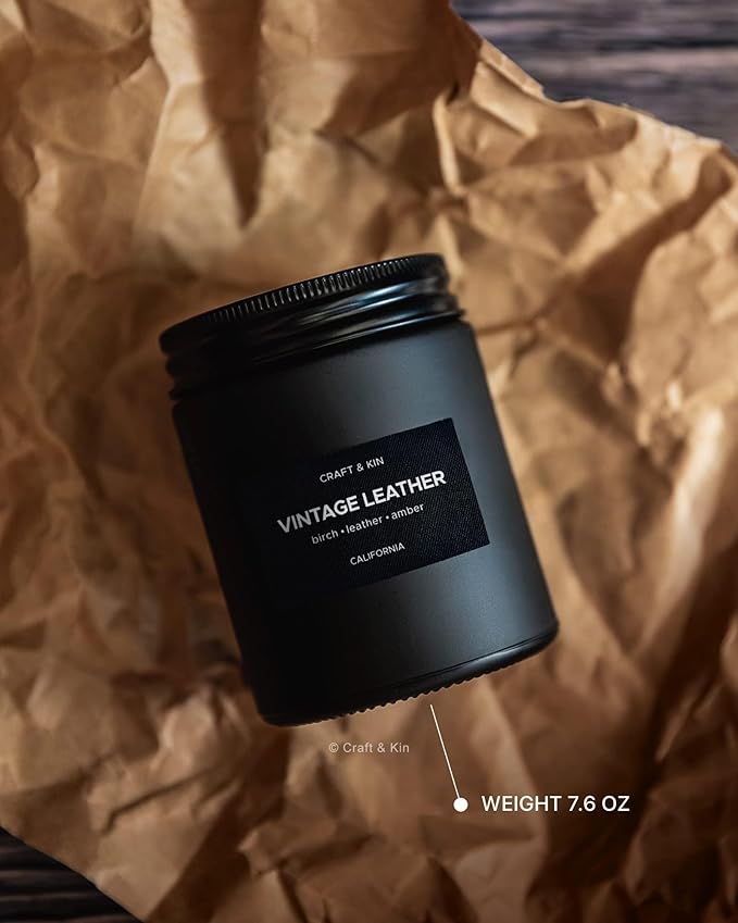 Craft & Kin Premium Vintage Leather Candle | Black Fall Scented Candles for Men | Long Lasting with 45 Hour Burn Time, 7.6oz | Made with Fall Soy Candles | Aromatherapy at Home | Gifts for Men