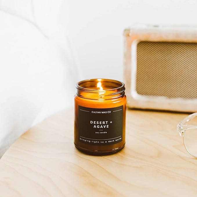 Calyan Wax Co. Soy Wax Candle, Desert + Agave Scented Candle, 57 Hour Burn Time, Aromatherapy Soy Candles, Non Toxic & Vegan Soy Wax, Amber Glass Jar Scented Candles, 7.2oz