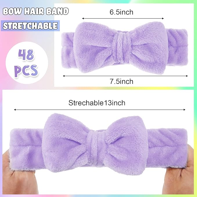 WILLBOND 48 Pieces Pastel Spa Headband Bulk Flannel Bow Hair Band Fluffy Plush Facial Makeup Headband for Women Washing Face Spa Shower Cleansing