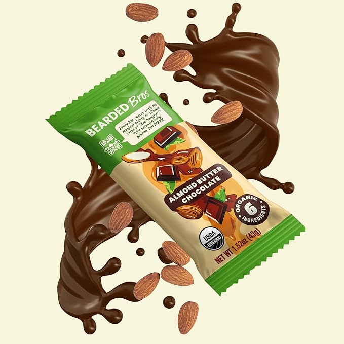 Bearded Brothers, Organic Vegan Protein Energy Bars, Almond Butter Chocolate (12 Pack) - Gluten Free, Paleo, Non GMO, Soy Free, Low Glycemic, No Sugar Added, Whole 30, Fiber (Packaging May Vary)