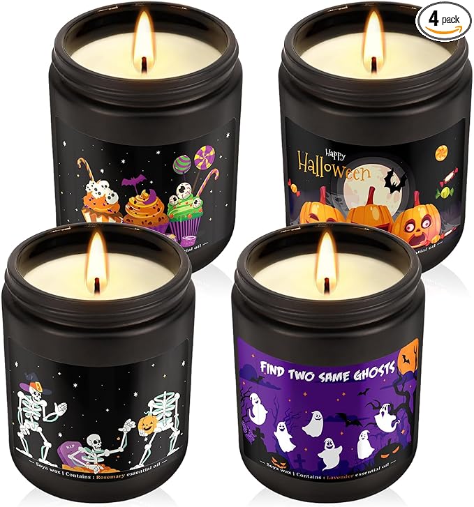 4 Pack Black Halloween Scented Candles -7oz Soy Wax Candles with Essential Oils (Rosemary, Vanilla, Gardenia, Lavender) -for Halloween, Christmas, Home Decor