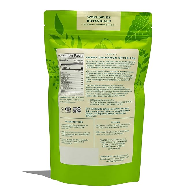Worldwide Botanicals Sweet Cinnamon Spice Herbal Tea, 50 Tea Bags - Organic, Caffeine Free, Kosher, Naturally Sweet, 50% More Herbs - 50 Tagless Eco-Friendly Tea-Bags