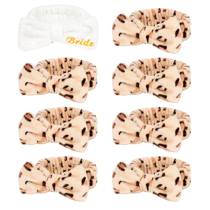 CIEHER Spa Headbands for Bachelorette Party Favors, 8 Pcs Leopard Print Spa Headbands for Bride & Bridesmaid, Bachelorette Gifts for Bride's Skincare & Makeup