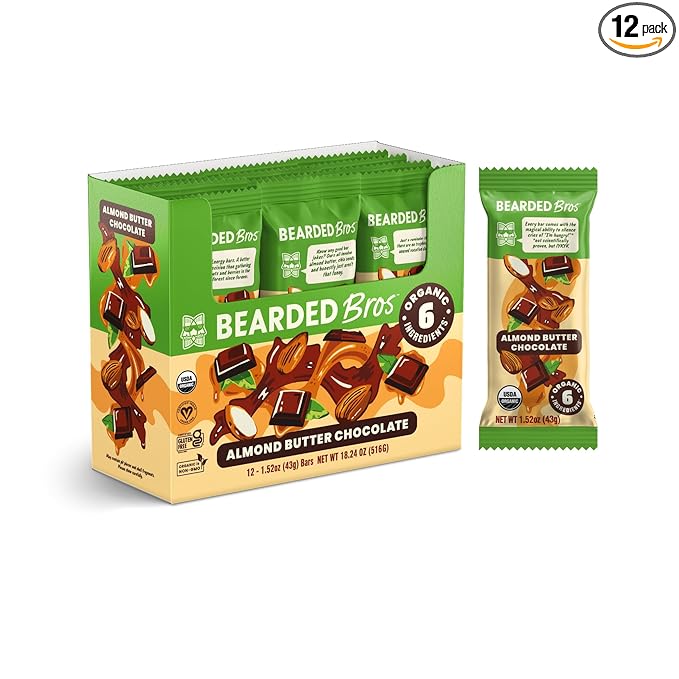 Bearded Brothers, Organic Vegan Protein Energy Bars, Almond Butter Chocolate (12 Pack) - Gluten Free, Paleo, Non GMO, Soy Free, Low Glycemic, No Sugar Added, Whole 30, Fiber (Packaging May Vary)