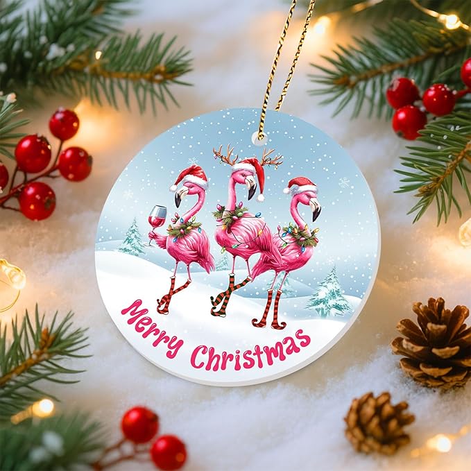 34HD Flamingo Christmas Ornament Ceramic 2-Side Printed, Flamingo Gifts for Men Women, Christmas Hanging Decorations