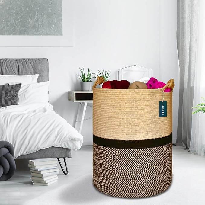 COMSE Extra Large Blanket Basket, Tall Woven Storage Basket, Nursery Hamper, 15.7”x 21.7”, Cotton Rope Laundry Hamper for Toys Clothes Towels, Blend Brown/Black