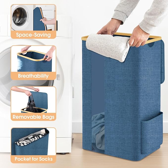 Laundry Basket Clothes Hamper with Lid and Pocket Large Collapsible Laundry Baskets with Handle, Freestanding Hampers for Bedroom Aesthetic, Dorm, Bathroom, Laundry Room (100L,Light Blue)