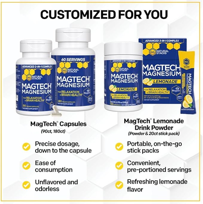 MagTech Magnesium Drink Mix - Sugar Free Lemonade - 3 Forms of Magnesium: Magtein L-Threonate, Glycinate & Taurate - 200mg Chelated Magnesium Complex - Supports Relaxation & Brain Health - 20 Servings