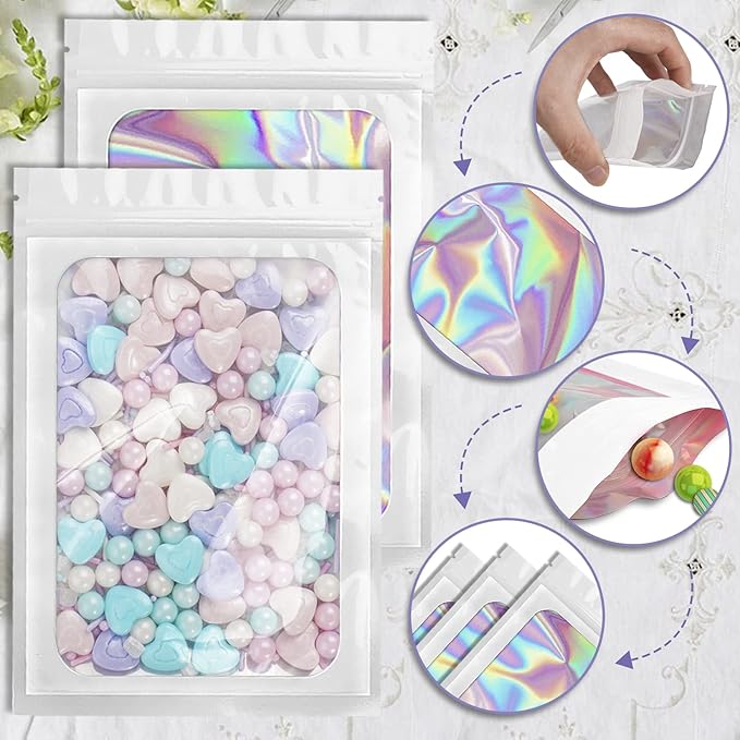 100 Pieces Smell Proof Mylar Bags, Holographic Packaging Bags, Resealable Odor Foil Pouch Zipper Bag with Clear Window for Food Storage and Lipgloss, Jewelry Lash (White, 3.5 x 6.3 Inch)