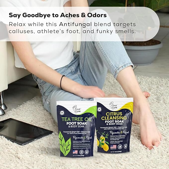 FOOT CURE Tea Tree & Citrus Foot Soak with Epsom Salt – Supports Tired Feet, Softens Calluses, and Refreshes (Pack of 2)