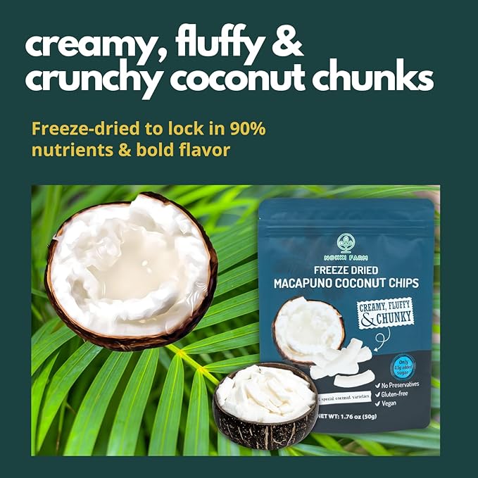 NOKKI FARM Freeze Dried Macapuno Coconut Chips - Healthy & Exotic Tropical Fruit Snacks, Low in Sugar, No Preservatives, Kid-Approved Shelf-Stable & Portable On-The-Go Snacking - 1.76 Oz