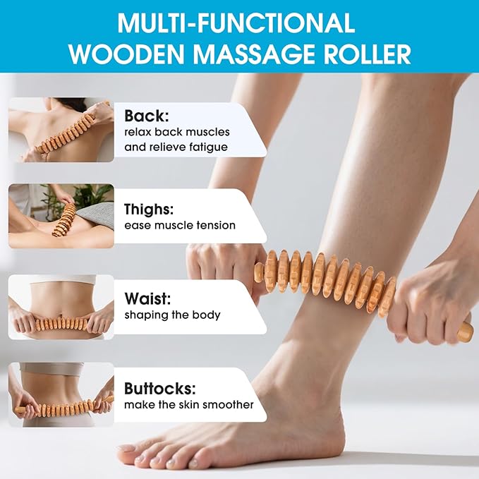 Wood Massage Roller for Waist Thigh Back, Wood Therapy Massage Tools, Cellulite Roller,Fascia Blaster, for Lymphatic Drainage,Blood Circulation,Stress and Pain Relief (Curved)
