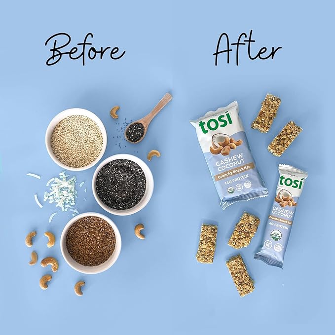 Tosi Cashew Coconut and Dark Chocolate Peanut Protein Bars Combo, Plant Based with Nuts, Gluten-Free Crunchy Snacks, Vegan, Organic, Flax & Chia Seeds, Soy-Free, Omega 3s, 6G/8G Protein, 1 oz, 12-Pack