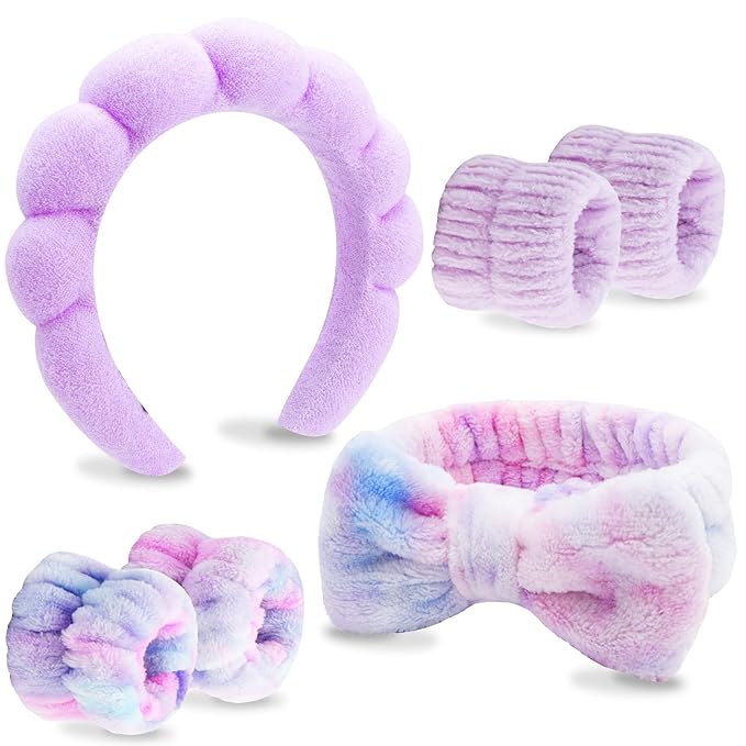 VELSCRUN 6 Pack Spa Headband, Makeup Headband, Face Wash Headbands, Skincare Headbands, Multicolour Purple Sponge Hair Band Bow Tie Spa Head Band for Washing Face Wristband Set Women Hair Accessories