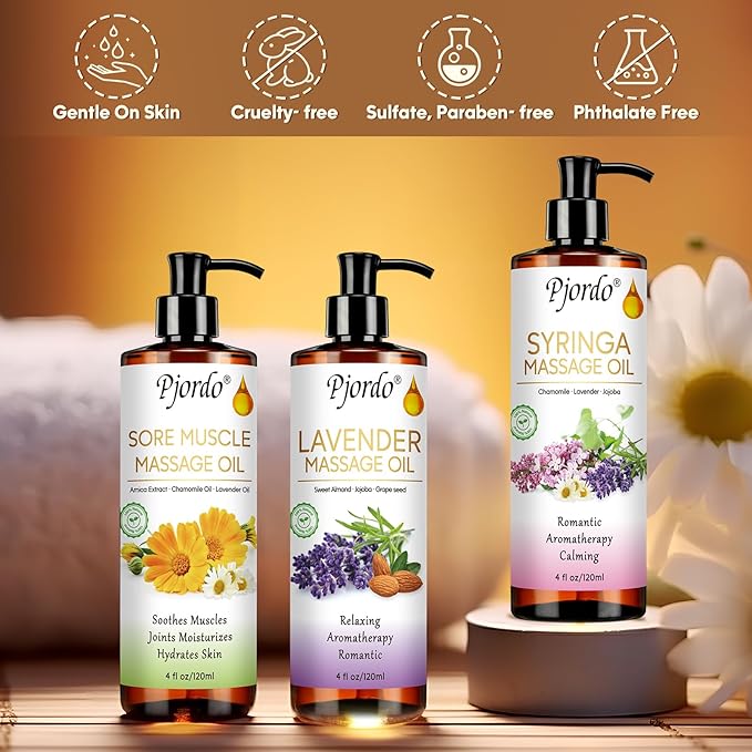 Body Massage Oil for Massage Therapy Kit, Lilac, Lavender, Sore Muscle Arnica Oil with Massage Roller Ball, Relaxing Massage Oils for Pain Relief, Spa Gift Set for Him Her