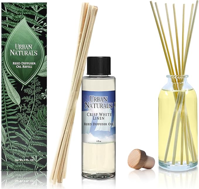 Urban Naturals Crisp White Linen Scented Oil Reed Diffuser Refill | Free Set of Reed Sticks! A Fresh, Clean Cotton Scent, 4 oz (2 Pack)