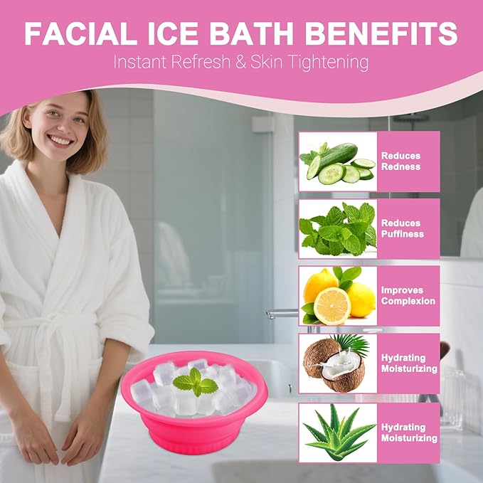 Face Bowl for Ice with Built-In Ice Tray – Collapsible Silicone Facial Ice Bath Bowl for Cold Plunge Therapy, Acne Relief & Skin Tightening – Rose Red Home, Camping & Travel Portable Spa Tool