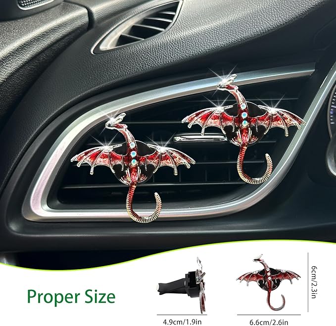 Dargon Air Vent Clips Car Air Freshener 2pcs Bling Red Dragon Car Accessories Enamel Fire Dragon Wyvern Vent Clips Refillable Car Essential Oil Outlet Diffuser Gothic Car Decor
