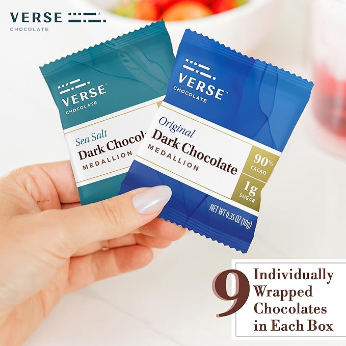 Verse 90% Dark Chocolate Mint Squares - Only 1g Cane Sugar - Creamy Dark Cocoa - Individually Wrapped Cacao Chocolate Squares (9 Count, 2 Pack)