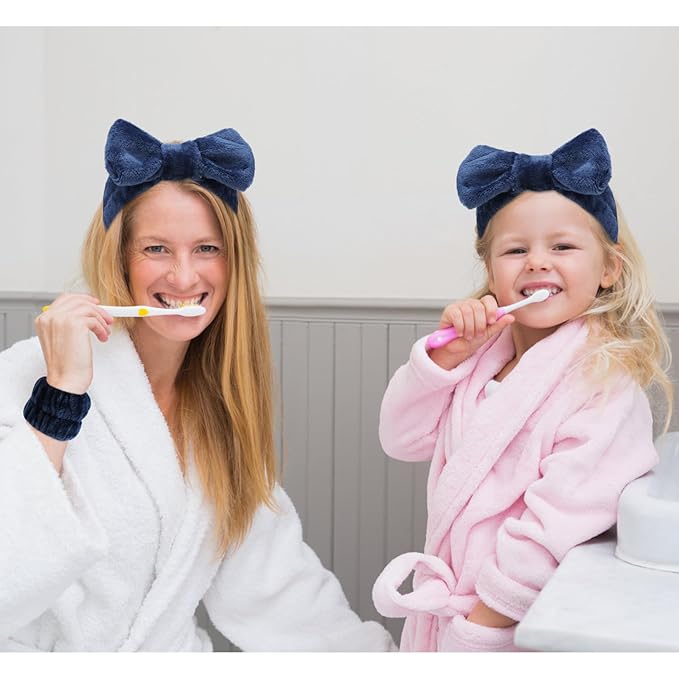 VELSCRUN 6 Pack Spa Headband, Makeup Headband, Face Wash Headbands, Skincare Headbands, Navy Blue Sponge Hair Band Bow Tie Spa Head Band for Washing Face Wristband Set Women Girls Hair Accessories