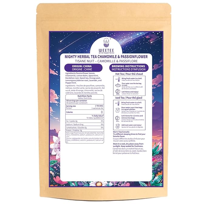 WT WEETEE Chamomile & Passionflower Nighty Herbal Tea Bags 50 Counts, Includes Spearmint, Valerian Root, Lavender, Peppermint & More, Natural Caffeine-free