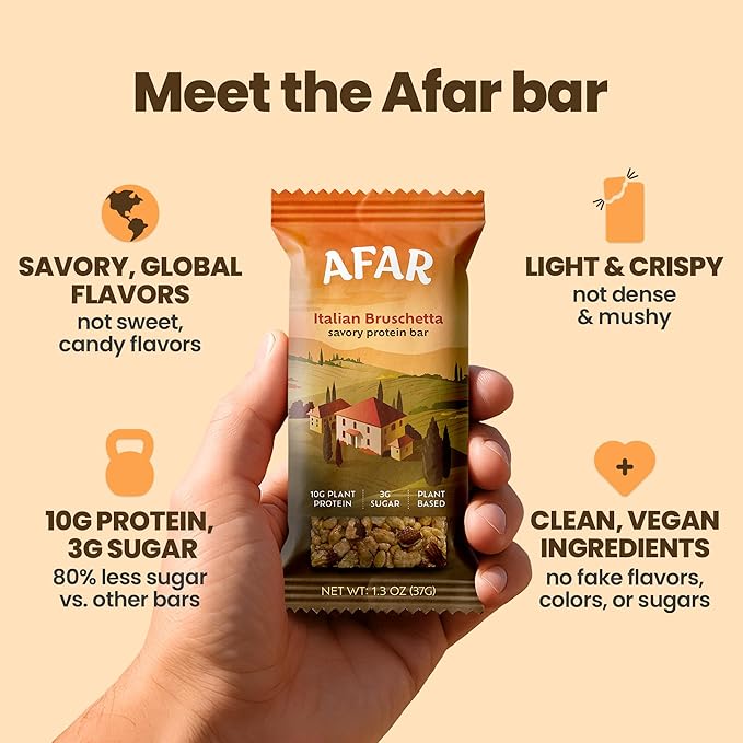 Afar Savory Protein Bars – Low Sugar, High Protein – Healthy Snacks for Adults – Meal Replacement Bar – Rice Crispy Texture – Vegan, Gluten Free (8 Bars, Italian Bruschetta)