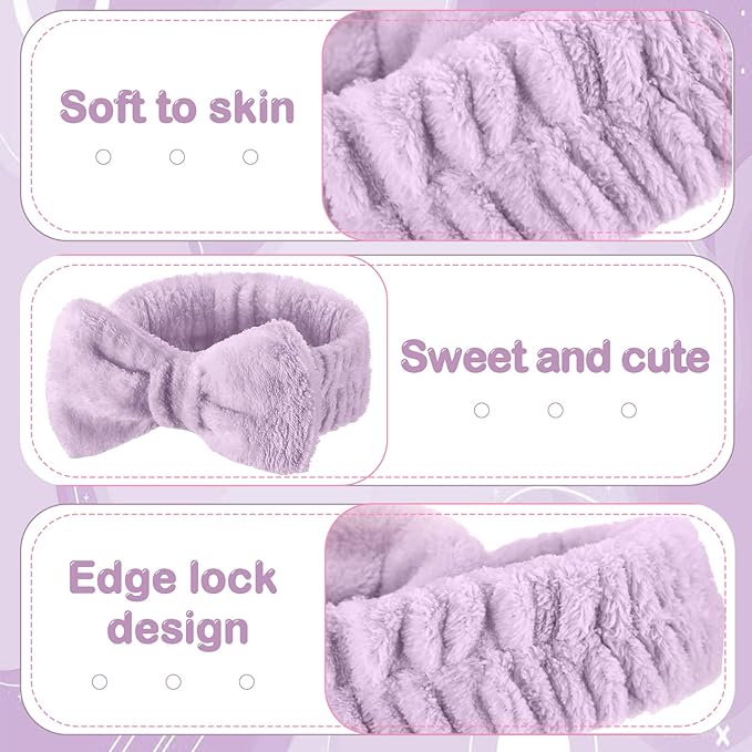25 Pcs Spa Headband Bulk Makeup Headbands for Washing Face Cute Bow Hairbands Soft Coral Fleece Hairbands for Women Face Skin Care Makeup Spa Gift Shower Yoga (Classic Pattern,Purple)