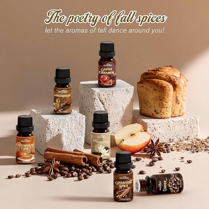 Spice Essential Oils for Diffuser for Home, SNOWSEN Aromatherapy Oil Set - Apple Cinnamon, Pumpkin Pie, Gingerbread, Coffee, Vanilla, Harvest Spice, Autumn Fragrance Oils Gift Set