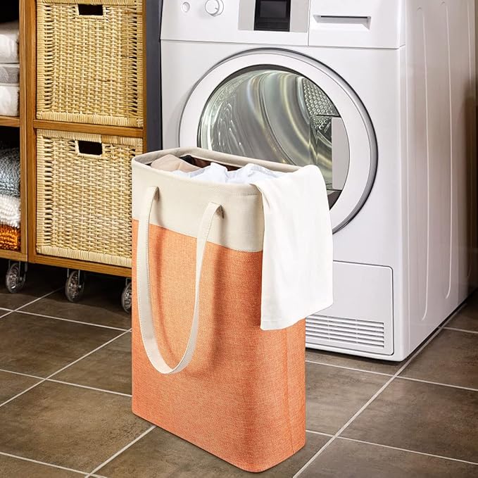 i BKGOO Laundry Basket with Handles Beige&Orange Slim Laundry Bin Collapsible Dirty Clothes Basket Narrow Laundry Bag Foldable Dirty Hamper for Camping, Dorms, Apartments