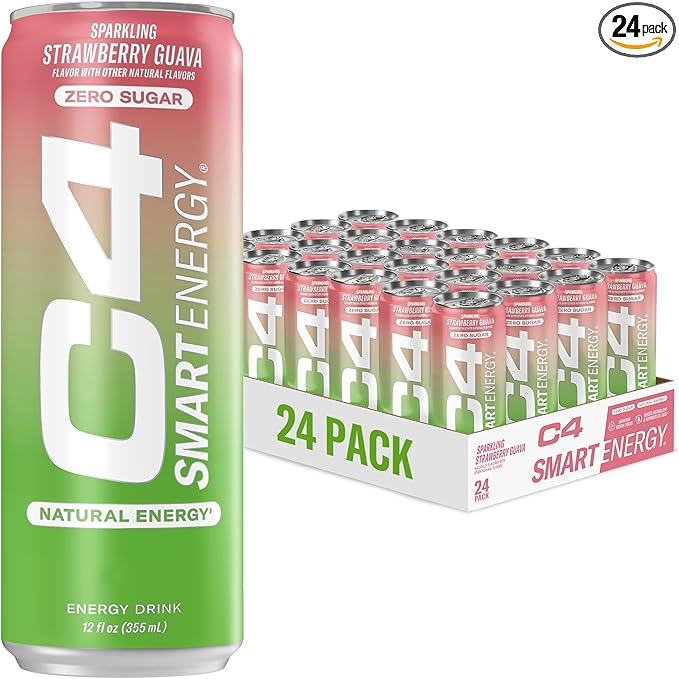 C4 Smart Energy Drink - Sugar Free Performance Fuel & Nootropic Brain Booster, Coffee Substitute or Alternative | Strawberry Guava 12 Oz - 24 Pack