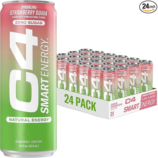 C4 Smart Energy Drink - Sugar Free Performance Fuel & Nootropic Brain Booster, Coffee Substitute or Alternative | Strawberry Guava 12 Oz - 24 Pack