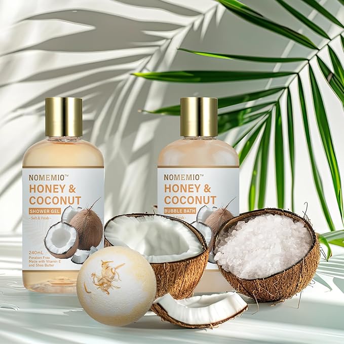 Spa Gift Basket for Women, 11pcs Honey & Coconut Luxury Bath Gift Set, Spa Kit with Shower Gel, Bubble Bath, Bath Bombs , Christmas Gifts for Her, Women, Mom Birthday
