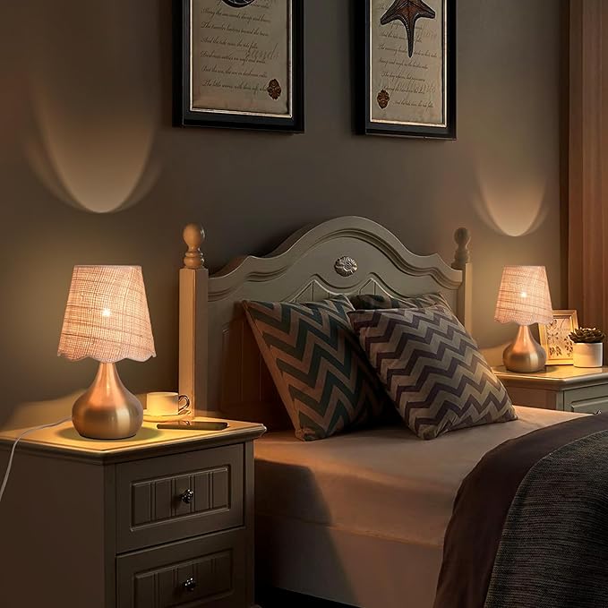 Gold Small Bedside Table Lamp for Bedroom, Brass Gold Mini Table Lamps for Nightstand, Rattan Shade Table Lamps for Small Spaces for Kitchen Counter, Bookshelf, Bedroom, Living Room, Kids Dorm